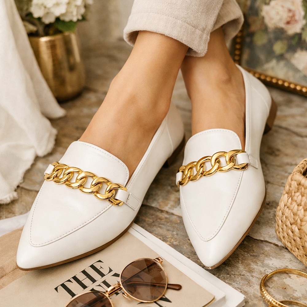 Rouge Helium White Pointed Toe Flats with Gold Chain Accent